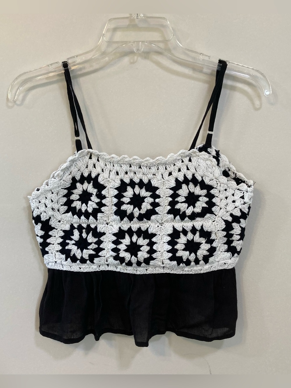 Rebellion Again Crochet Granny Square Crop Top Sz S Black White Boho NEW